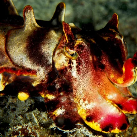 Flamboyant Cuttlefish, small cuttlefish in pulsing purple, yellow and white, walks on the seabed.