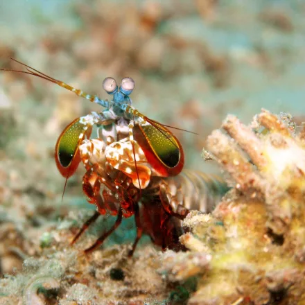 Peacock Mantis Shrimp, stocky, vivid green-red-blue body, club-like forelimbs, stalked mobile eyes.