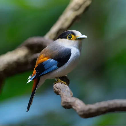 Silver-breasted Broadbill, grey and rufous broadbill, pale silvery breast, blue wing patch.