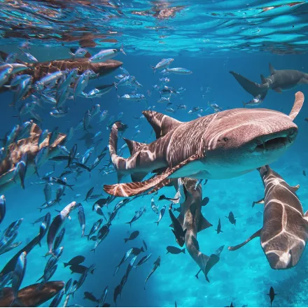 Tawny Nurse Shark, cinnamon brown, rounded fins, two barbels at the mouth, small eyes.